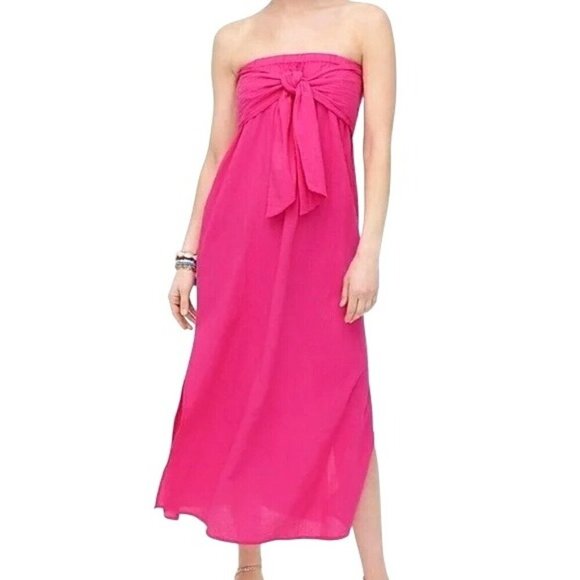J Crew Dress Women Small Pink Cotton Strapless Bow Front Cover Up Maxi NWT Beach - Picture 1 of 10